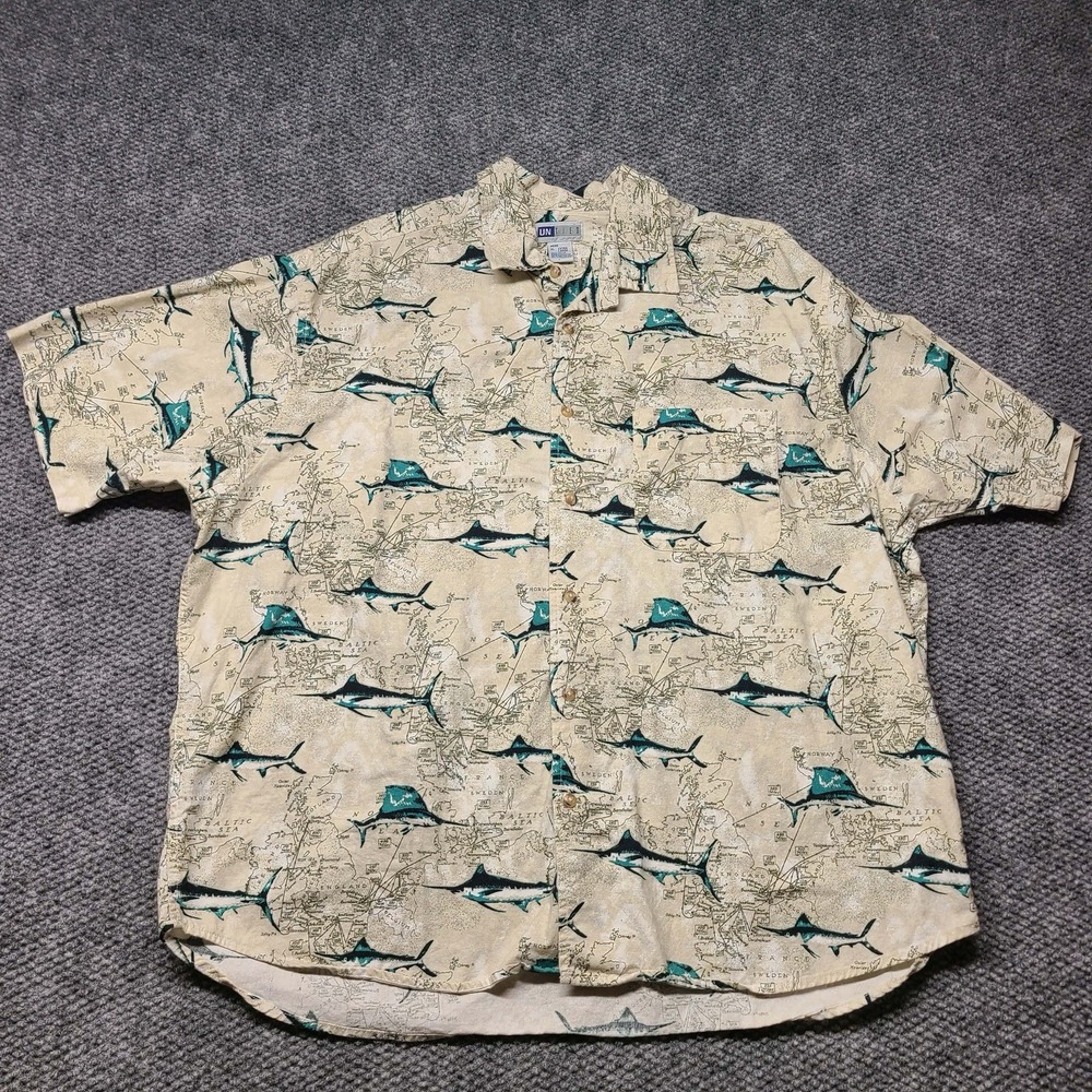 Untied Mens Nautical Map Swordfish XL Cotton Tropical Button Shirt Hawaiian